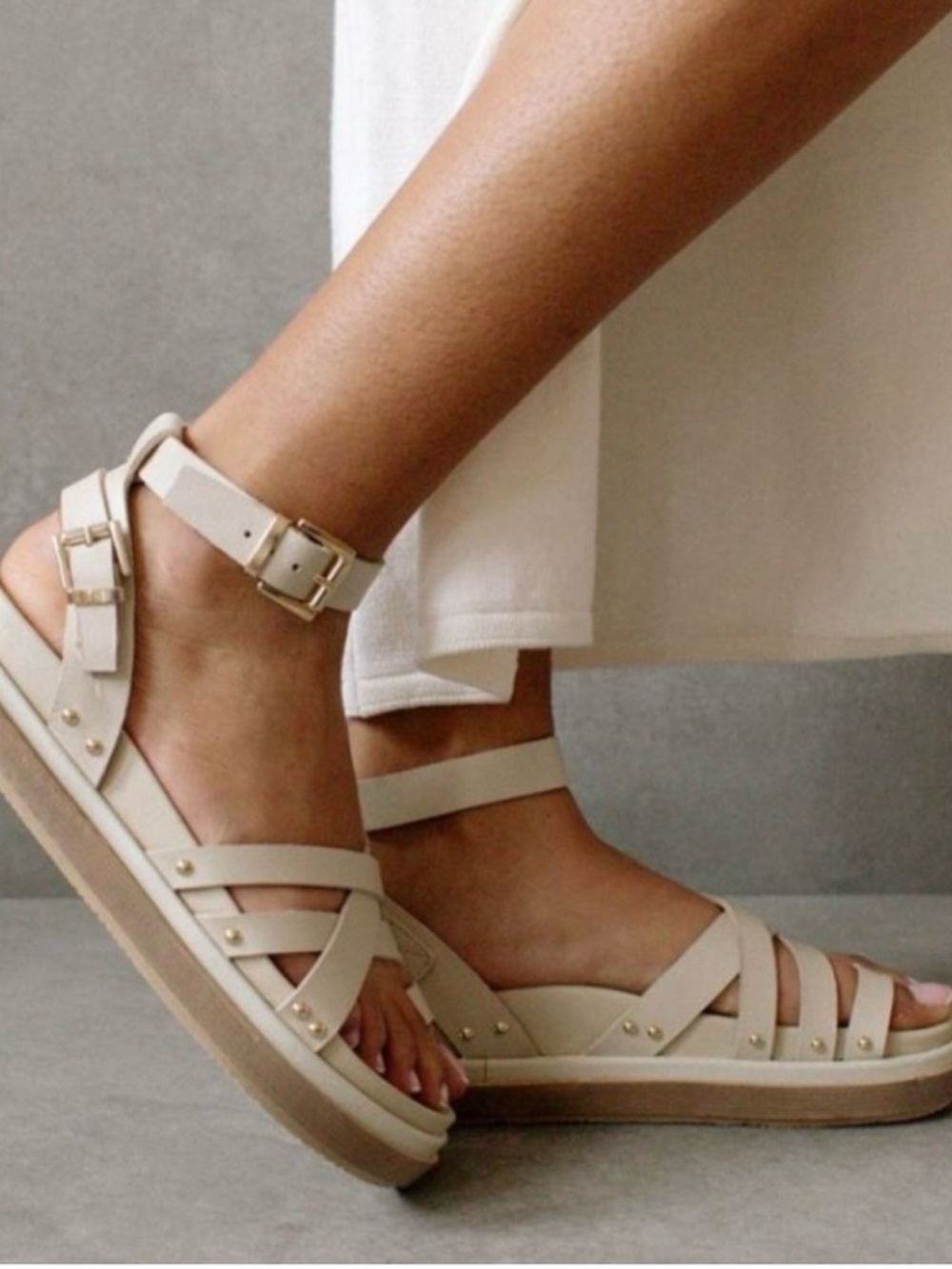 Women’s Cream Strappy Platform Sandals with Ankle Buckle - Alohas